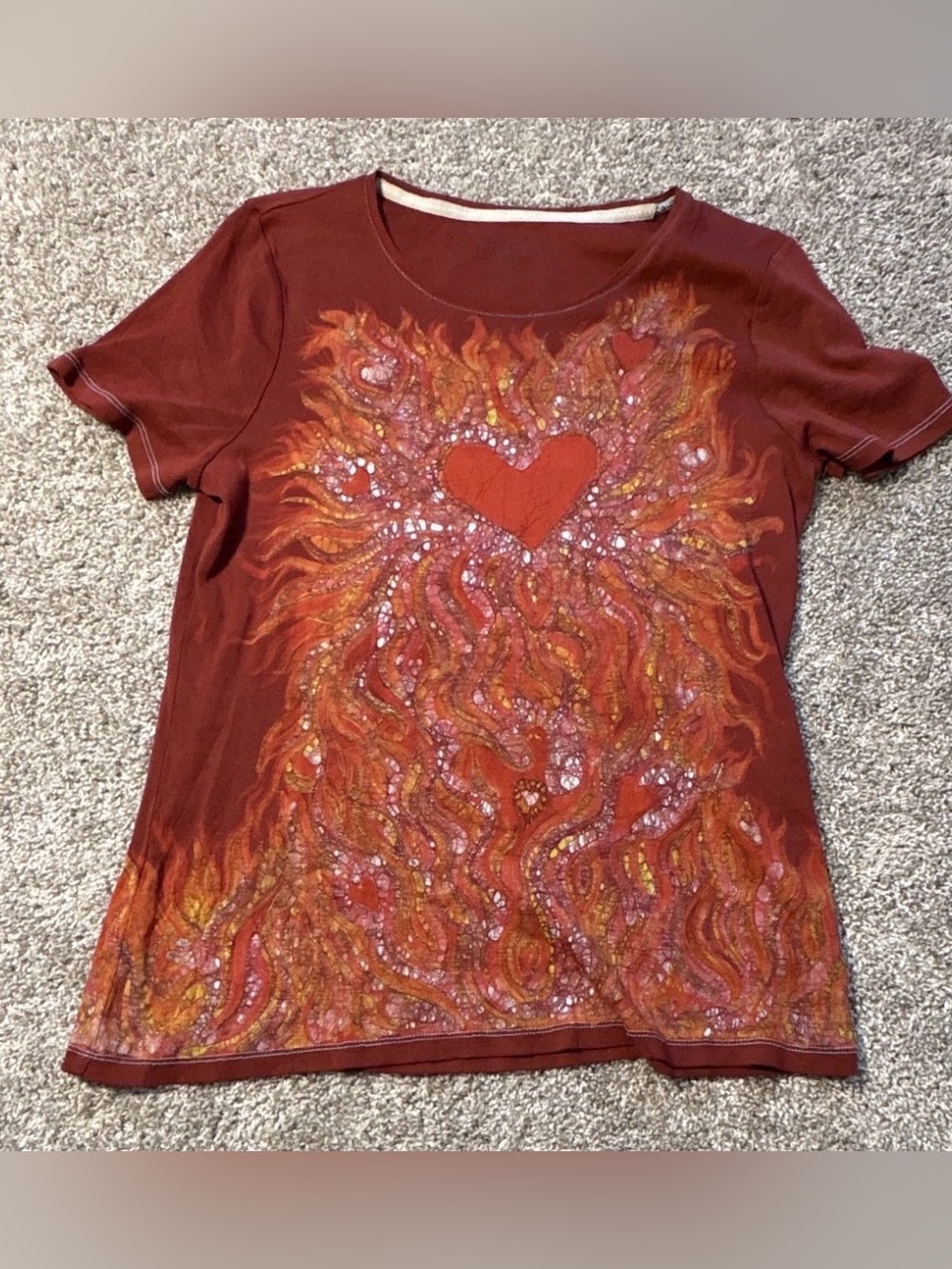Pima Cotton Red Sequin Heart Graphic Print Jersey T-Shirt Round Neck Size L